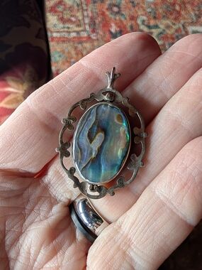 Vintage Sterling Silver Abalone Shell And Jade (Or Green Agate) Pendant